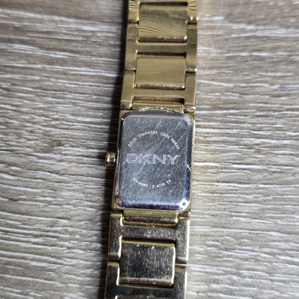 DKNY Gold Tone Stainless Steel Glitz Rectangular Women's Dress Watch NY4441 Sz6